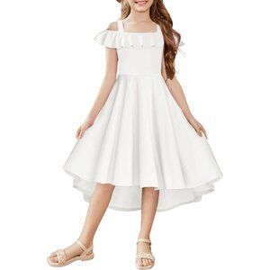 🆕Girls White Polyester Off Shoulder Flutter Sleeve Midi Dress with Pocket